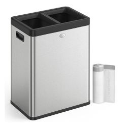 2 x 6.6 Gallon Open Top Trash Can, Stainless Steel Dual Compartment Garbage Can for Waste and Recycling, Metallic Silver, PETAJA Collection ULTB710E50