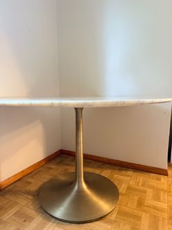 Crate & Barrel Nero 48” White Marble & Brass Dining Table – $899 OBO