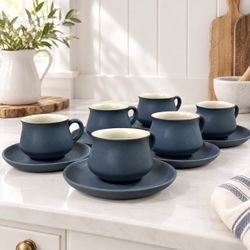 Vintage Denby Langley Echo Blue Cups Saucers Set 6 England 1963-74 MCM