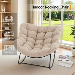 Outdoor Papasan Rocking Chair, 450 lbs Oversized Comfy Patio Chair with Thickened Cushion, Indoor Egg Rocking Lounge Chairs, Rocker Chairs for Patio P