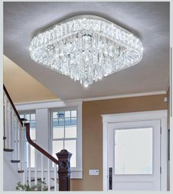 New Modern Crystal LED Chandelier, Dimmable Flush Mount Ceiling Light, Silver 20”