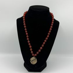 Vintage Carnelian Bead Necklace with Metal Knot Pendant
