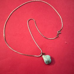 •  Turquoise Nugget On Silver Stamped Chain--19 Inches Length