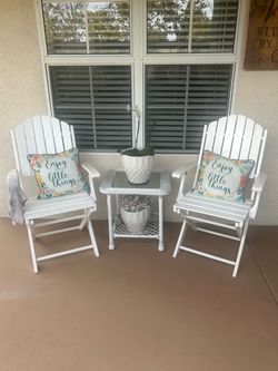 White Adirondack Chairs with Wicker Side Table
