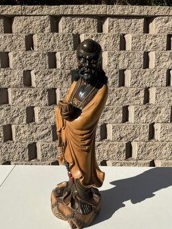 Large 30” Hand Carved Wood Bodhidharma Statue – Vintage Asian Zen Decor