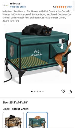 Indestructible Heated Cat House with Pet Camera for Outside Winter, 100% Waterproof, Escape Door, Insulated Outdoor Cat Shelter with Heater for Feral 
