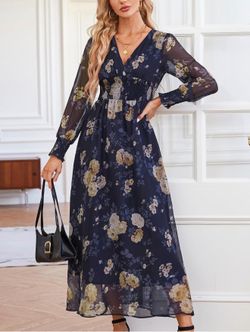 Women's Casual Boho Floral Maxi Dress Deep V Neck Long Sleeve Evening Party Dresses size small