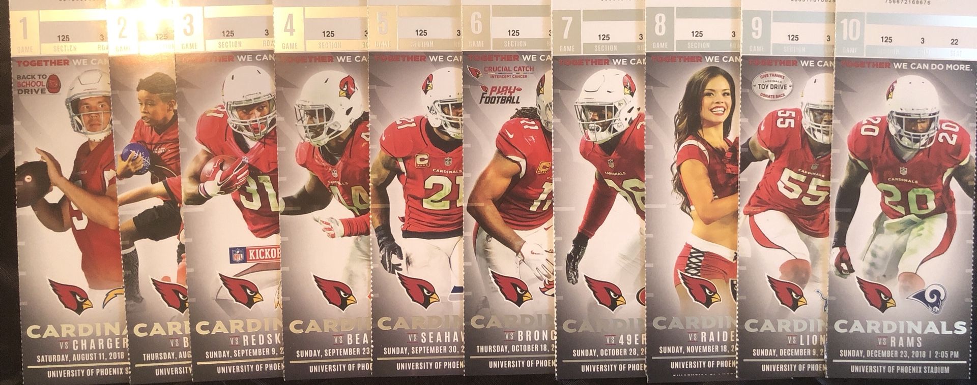 ARIZONA CARDINALS 3RD ROW VISITOR SIDE 5 YD LINE AISLE TICKETS EVERY HOME GAME