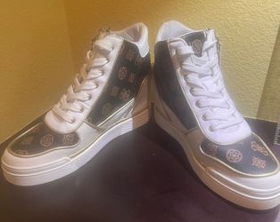 GUESS Fiora Wedge Sneakers Women's 8M Brown Monogram High Top Zip
