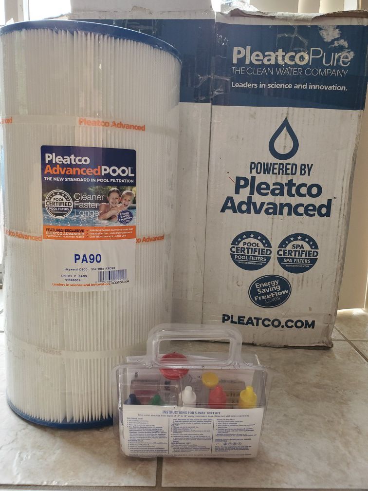 2 Pleatco PA90 Pool Filters and Chemical Testing Kit.