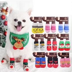 New! Dog Cat Socks Anti-Slip Knit Cotton with Rubber Reinforcement, Pet Paw Protector Hardwood Floors Breathable Superman Strawberry Reindeer