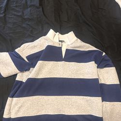 Blue and light grey striped button up hoodie
