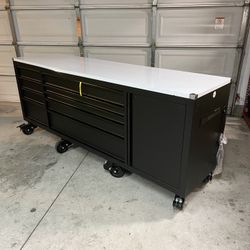 New Husky 96 in. W x 24 in. D 9-Drawer Heavy-Duty Mobile Workbench with Stainless Steel Top in Matte Black