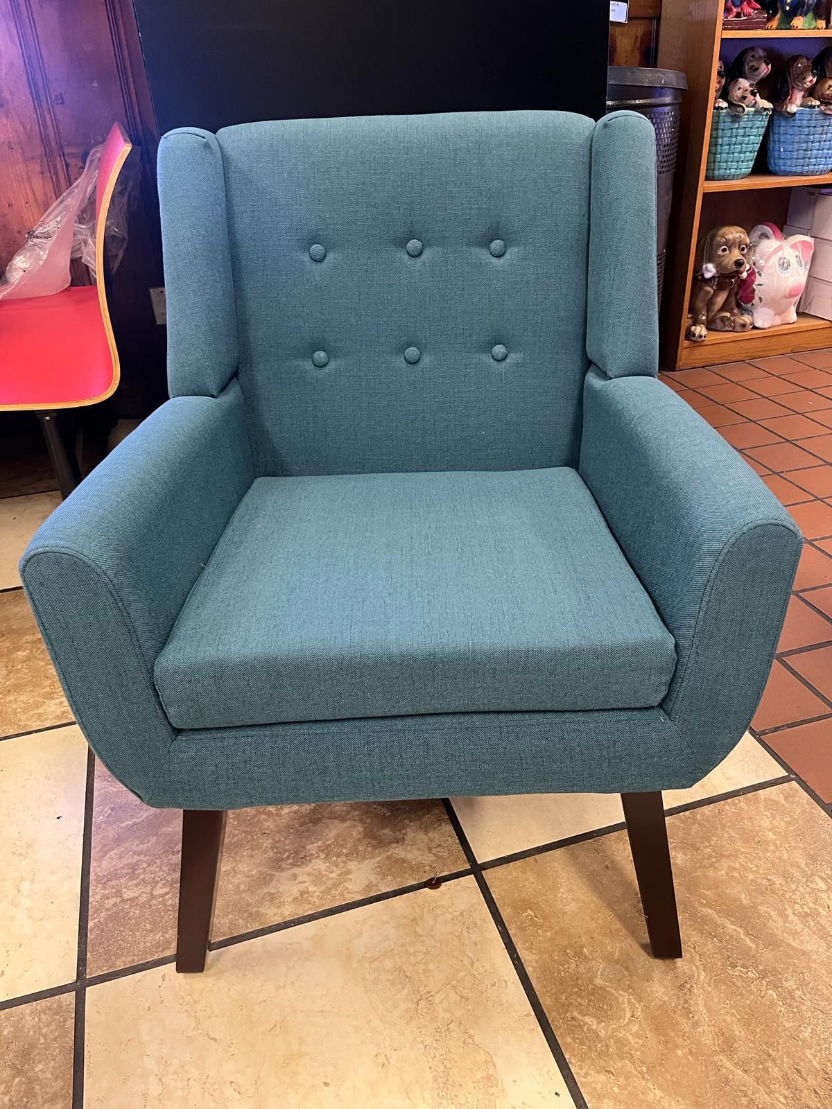 Accent Chair Upholstered Button Tufted Armchair, Linen Fabric Sofa Chairs for Bedroom, Living Room, Mid Century Modern Comfy Reading Chair Lake Blue