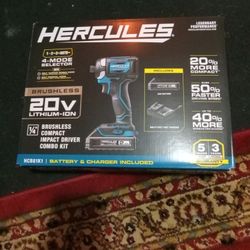 HERCULES   brushless 20v Lithium-ion. 1/4"    Brushless, Compact, Impact Driver,combo Kit