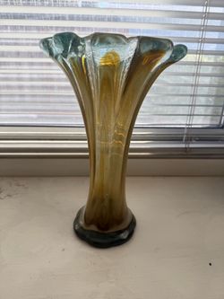 Art Glass Flared Vase Amber Teal
