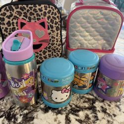 Girl’s 2 Lunch Bags, 2 Water Bottles And 3 Thermos