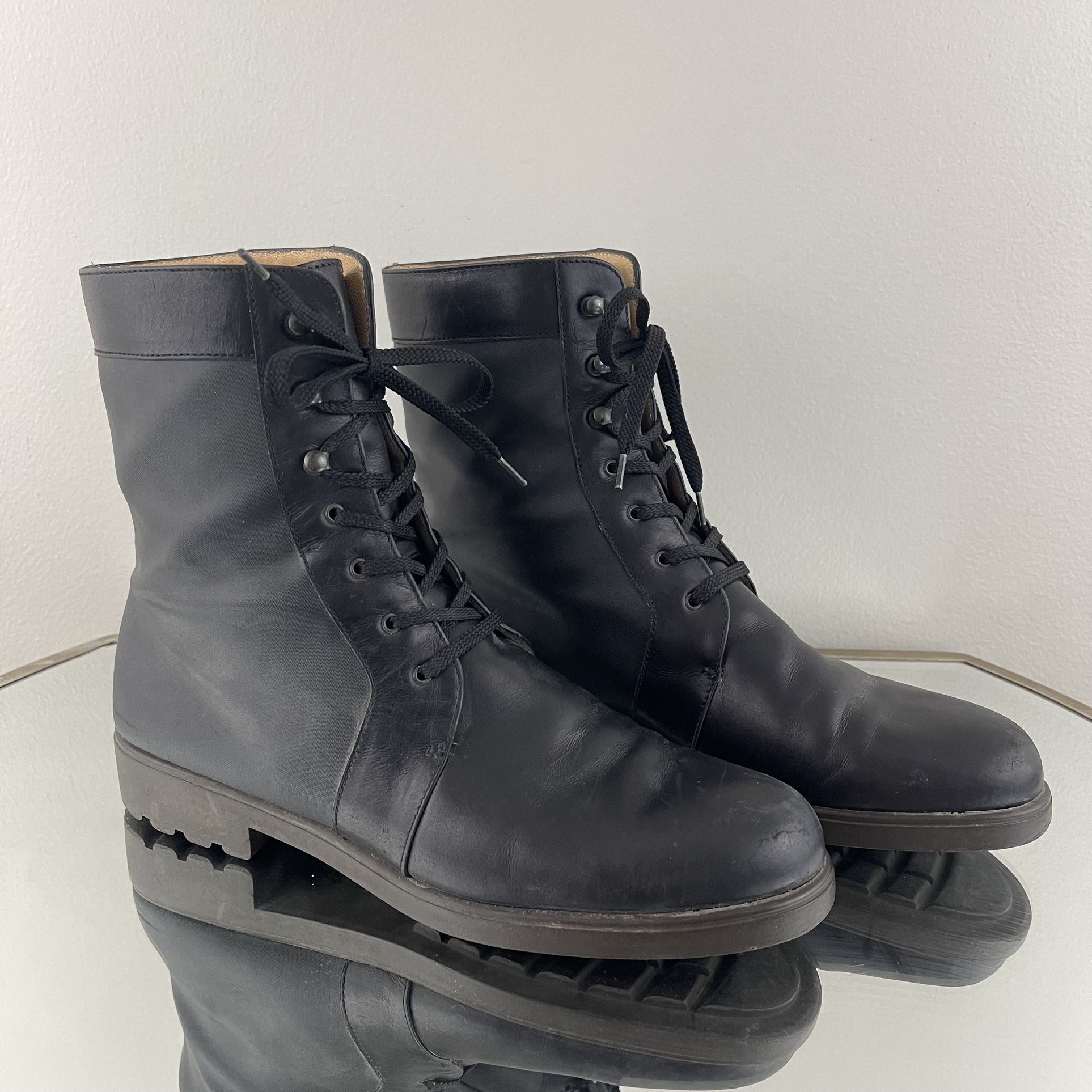 SALVATORE FERRAGAMO Black Leather Microfiber Lace Up Edgy Combat Ankle Boots