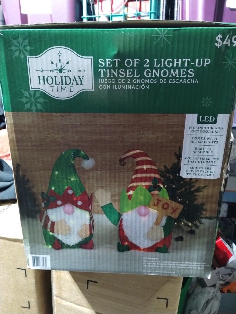 Set of 2 Light Up Tinsel Gnomes