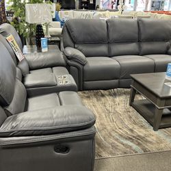 Grey Leather Sofa & Loveseat W/ Cup holders🥤😱