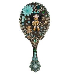 Handheld Beauty Makeup Mirror Clay Doll Bling Embellished Fashion Custom Brown