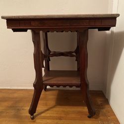 Antique wood table with marble top, 29 high x 20 deep x 28 wide