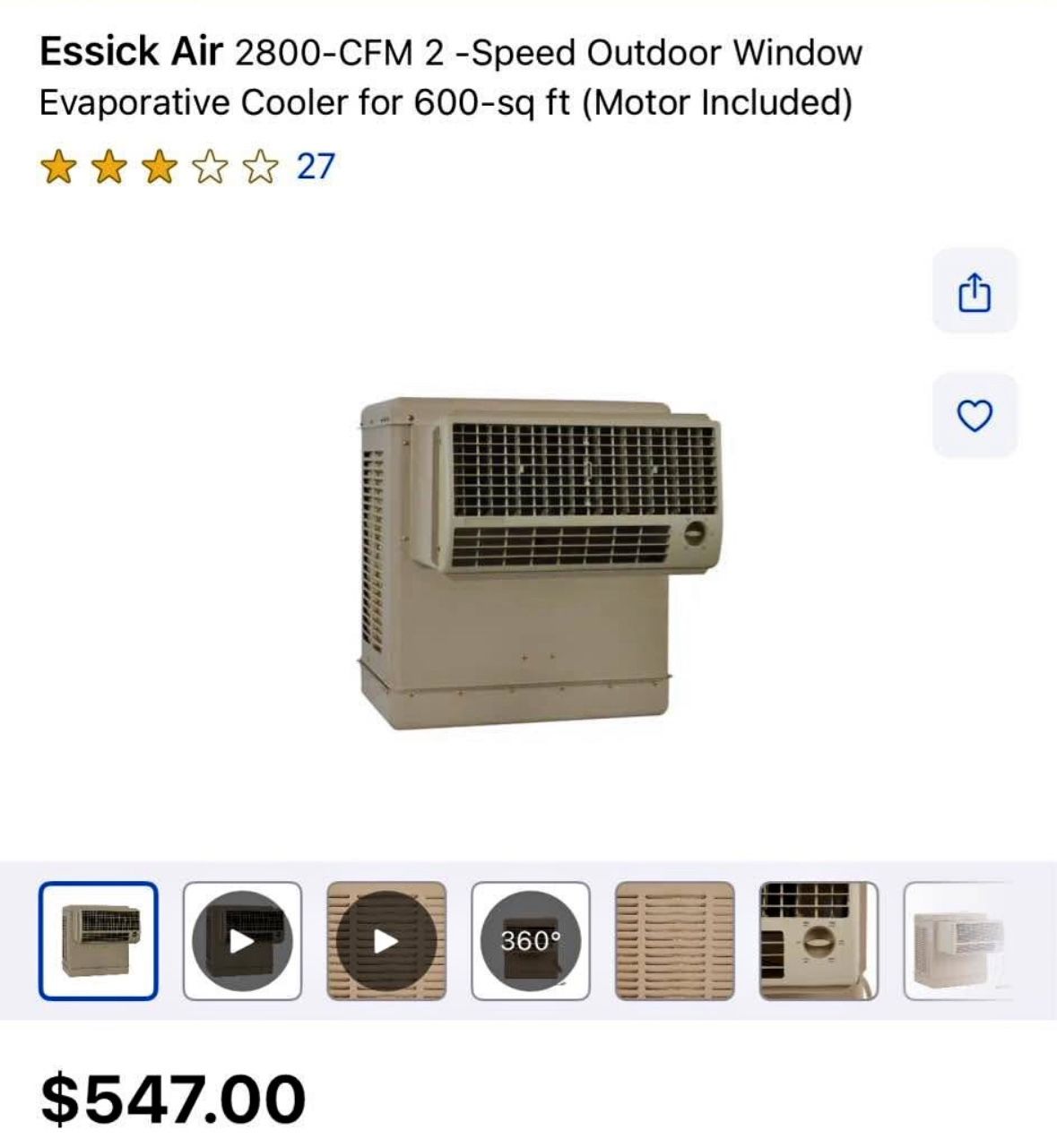Essick Air 2800-CFM 2 -Speed Outdoor Window Evaporative Cooler for 600-sq ft (Motor Included)