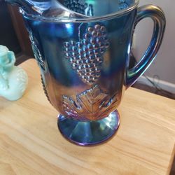 Vintage Blue Carnival Glass Pitcher. Grape Harvest Pattern.
