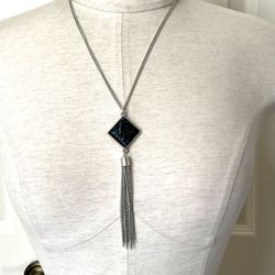 Long Silver Tone Tassel Pendant Necklace 