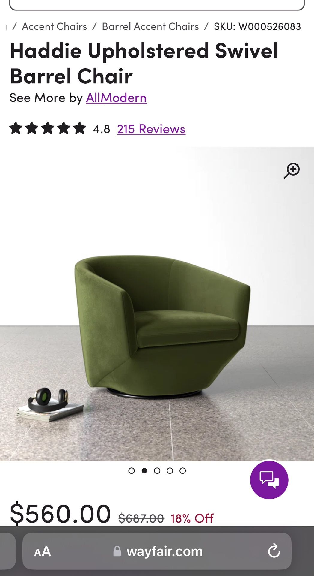 AllModern Green Velvet Swivel Barrel Chair