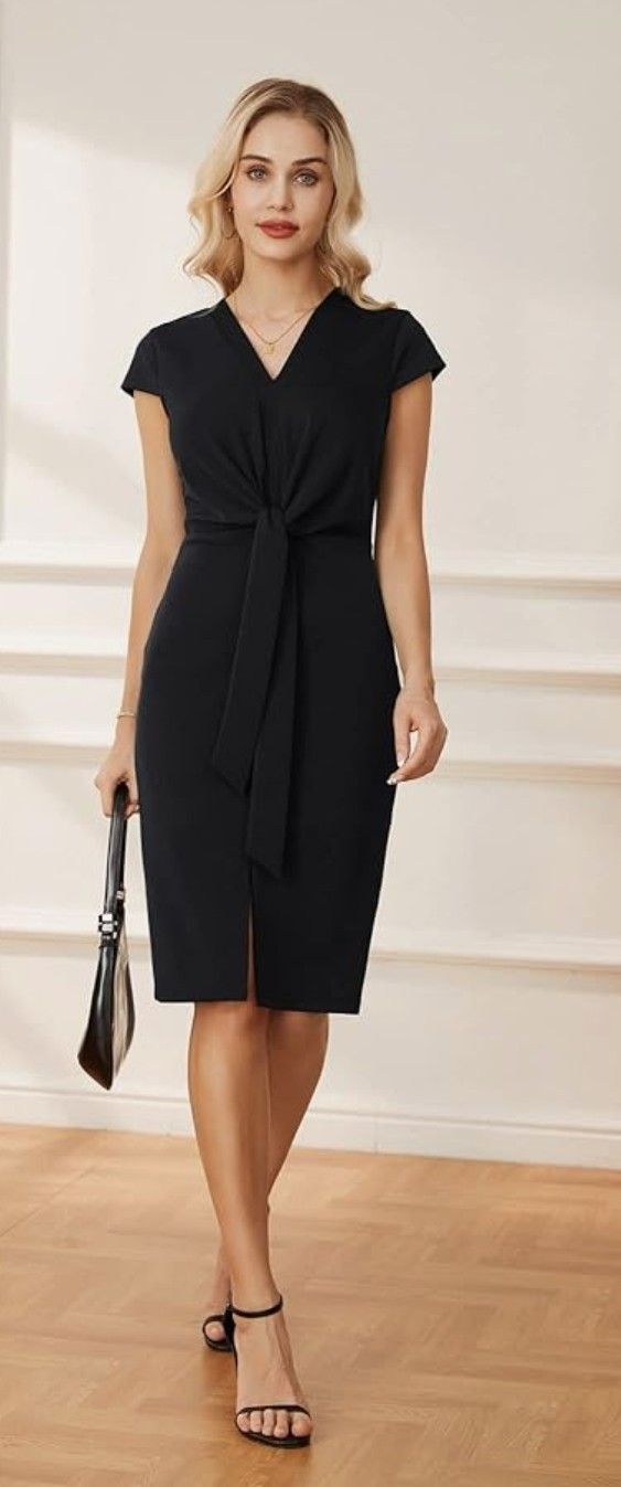 GRACE KARIN Summer dresses for women, caps, waist with bow, work dress with V opening and V collar, fitted dress for business, casual