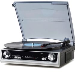 Vintage All-in-One Record Player with Built-in Speakers, 3-Speed 33/45/78 RPM Turntable, FM Radio, RCA & Headphone Output, Black Wood Finish — No Blue