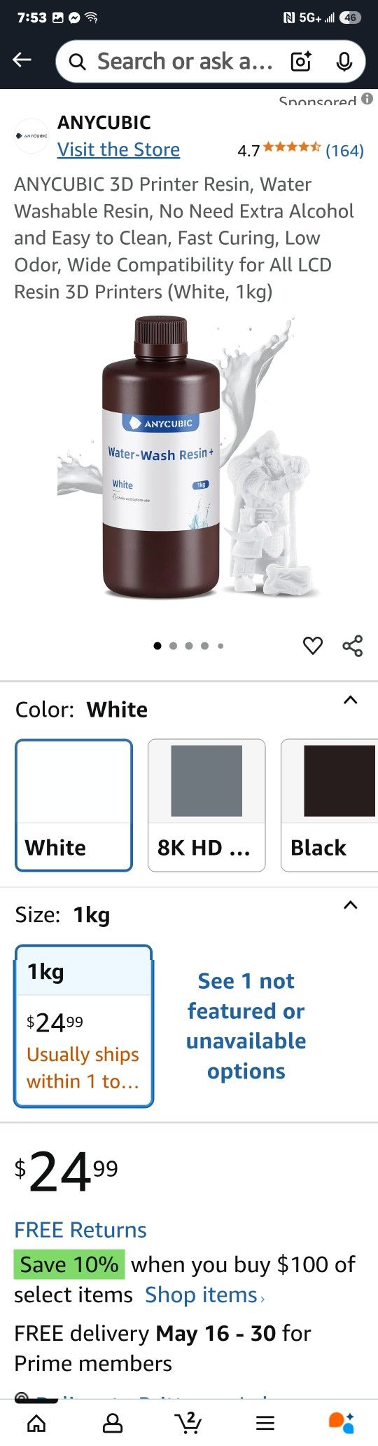 Anycubic Water-wash Resin + White 1kg Full Bottle