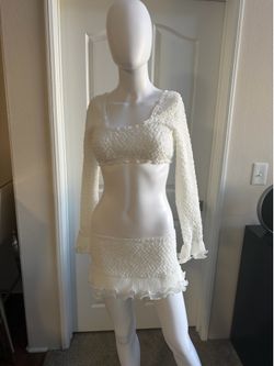 White Textured Crop Top Mini Skirt Set
