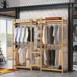Bamboo Closet System Clothes Rack, Large Freestanding Garment Rack Clothing Rack for Hanging Clothes with 7 Storage Shelves and 5 Rods, Open Wardrobe 
