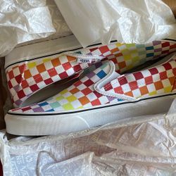 Vans Classic Slip On Checkerboard Rainbow White Men’s Size 10 / Women’s 11.5