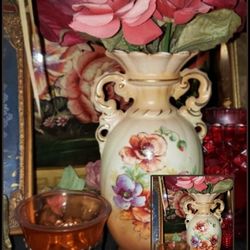 VINTAGE HAND PAINTED SILK ROSE FLORAL ARRANGEMENT FLOWER VASE ORANGE SILVER BOHEMIAN CANDLE HOLDER DECOR