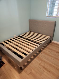 Full size upholstered light grey bed frame