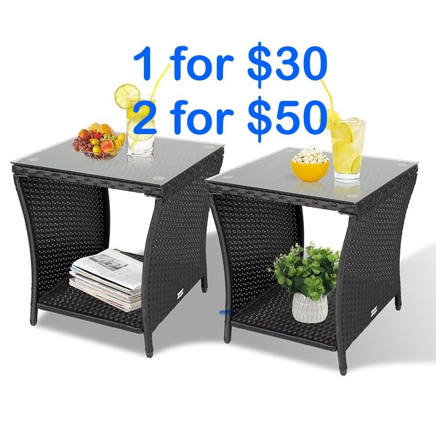 Wicker Side Table for Patio Set of 2, PE Rattan Outdoor Small End Table with Square Glass Top, 2 PCS Bistro Coffee Tables with Storage Shelf for Garde