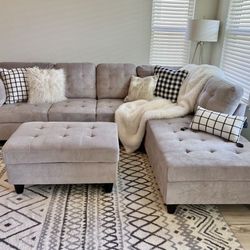 COSTCO Gray Chenille Sectional Couch And Ottoman