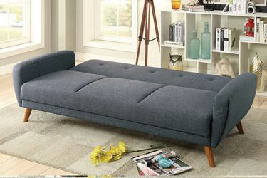 Brand new 84" grey linen adjustable futon with flared leg supports