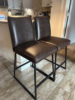 Counter Height Bar Stools Brown Leather Set of 2