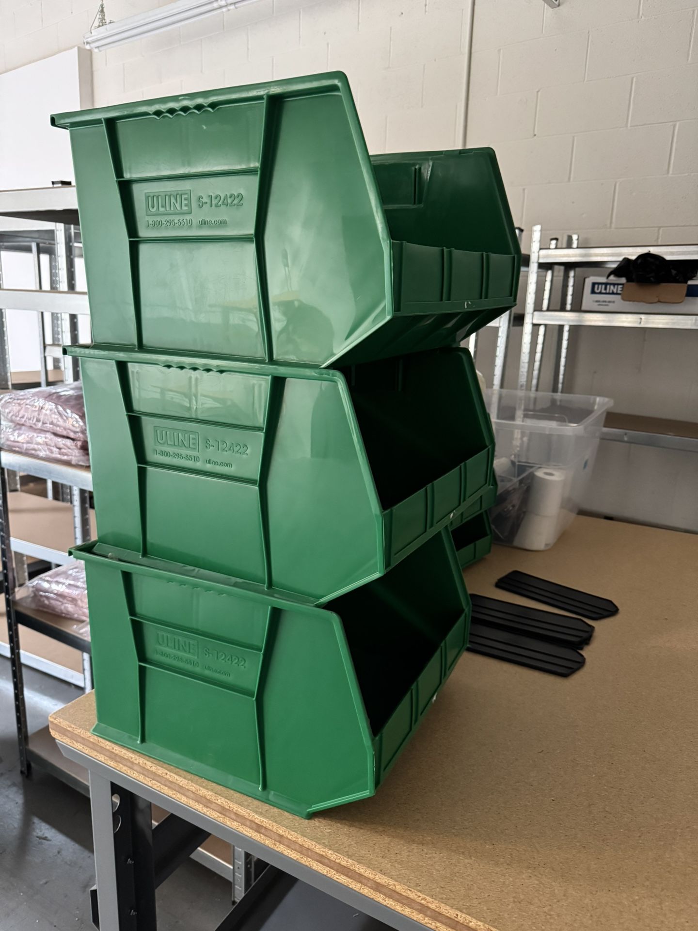 3 Uline - PLASTIC STACKABLE BINS 18 X 16 1/2 X 11", GREEN