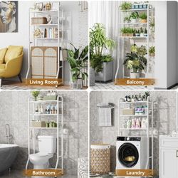  Over The Toilet Storage Rack, Metal 3 Tier Bathroom Organizer Shelf with Paper Holder and 3 Hooks, Freestanding Shelf Space Saver Above Toilet, White