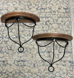 Wood and wrought Iron rustic/antique-style floating shelf.