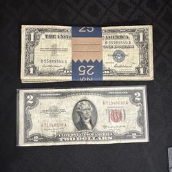 25 Silver certificates And A $2 Red Seal