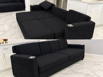 Black Fabric Sleeper Sofa with Cup Holders