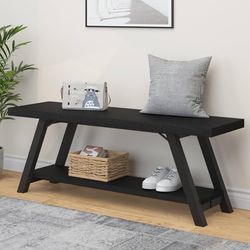 Black Bench, Modern Storage Bench for Bedroom, Wood Metal Entryway Bench for Hallway Dining Living Room, Famrhouse Shoe Rack Indoor Accent Seating Ben