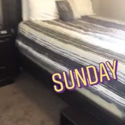 Queen Size Bed Frame With mattress, 2 Side Dressers , By Dresser With Mirror 