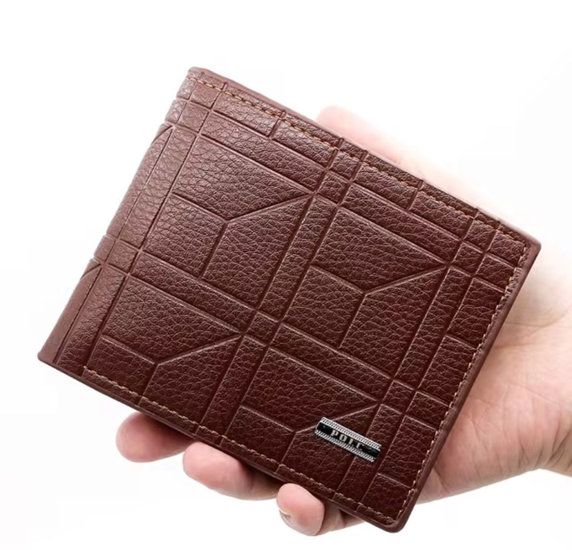 Men's Brown Bifold Wallet Geometric Plaid Design with Card Slots